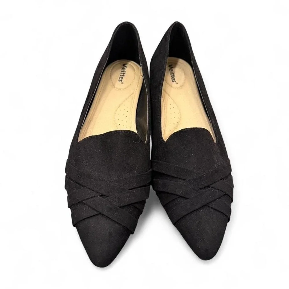 Veittes Womens Black Faux Suede Pointed Toe Cross Pleated Ballet Flats Size 7